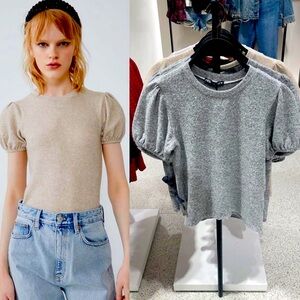 Zara Beige Puff Sleeve Top -Size M